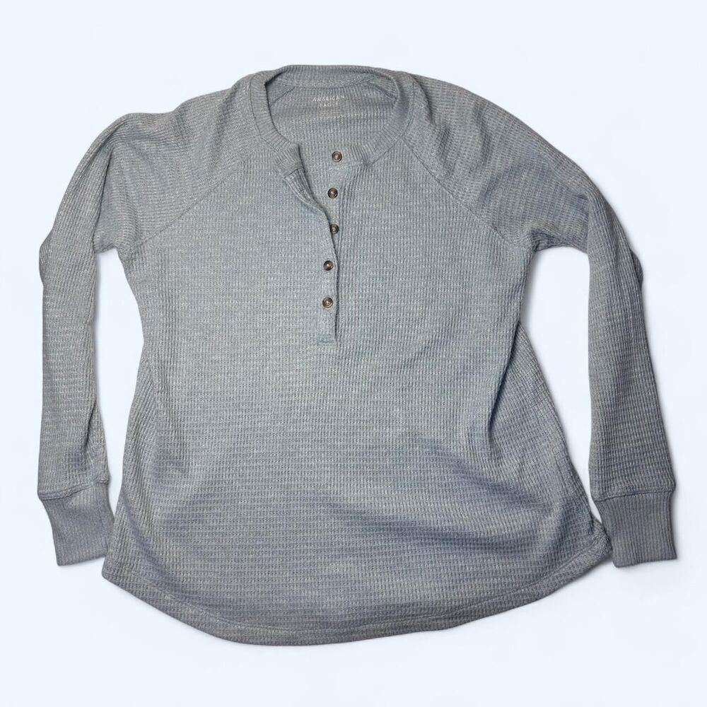 American Eagle Sage Light Blue Waffle Knit Henley Size XS